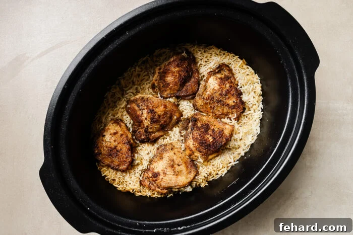 Easy Slow Cooker Chicken and Rice 6 Overhead view of the slow cooker pot with chicken and rice, covered and simmering, indicating the cooking process.