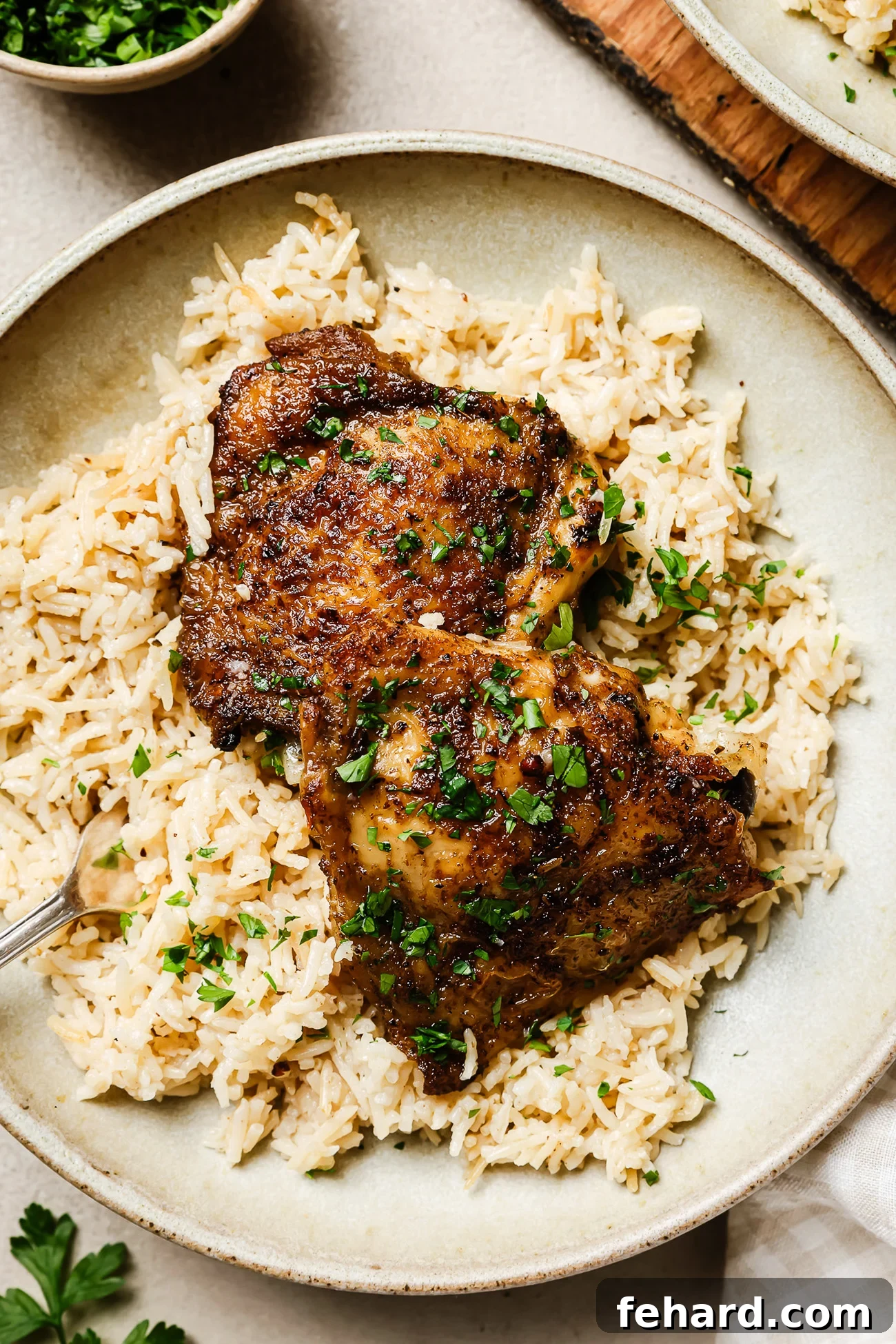 Easy Slow Cooker Chicken and Rice 8 Close-up of a serving of slow cooker chicken and rice on a white plate, garnished with fresh parsley.