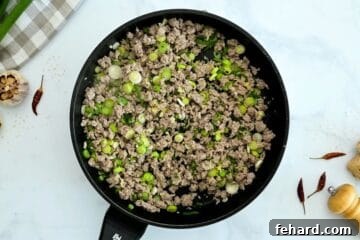 Egg Roll Medley Bowl 5 Browned ground turkey with green onions in skillet for base of egg roll in bowl.