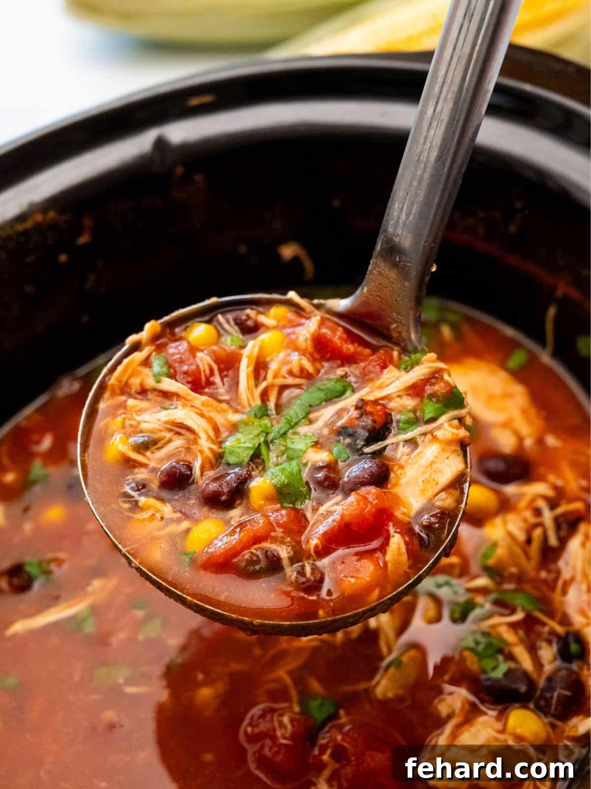 Ladle dishing out scoop of chicken tortilla soup from slow cooker with black beans, corn, and shredded chicken.
