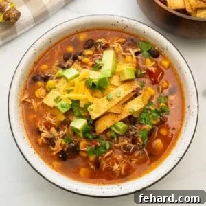 Bowl of Crockpot Chicken Tortilla Soup topped with diced avocado, homemade tortilla strips, shredded cheese and minced cilantro.