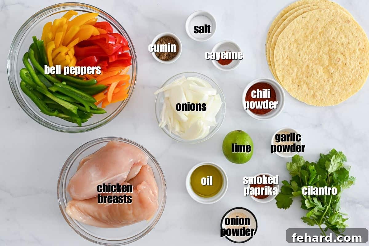 All ingredients for easy chicken fajitas laid out on a kitchen counter, clearly labeled for convenience.