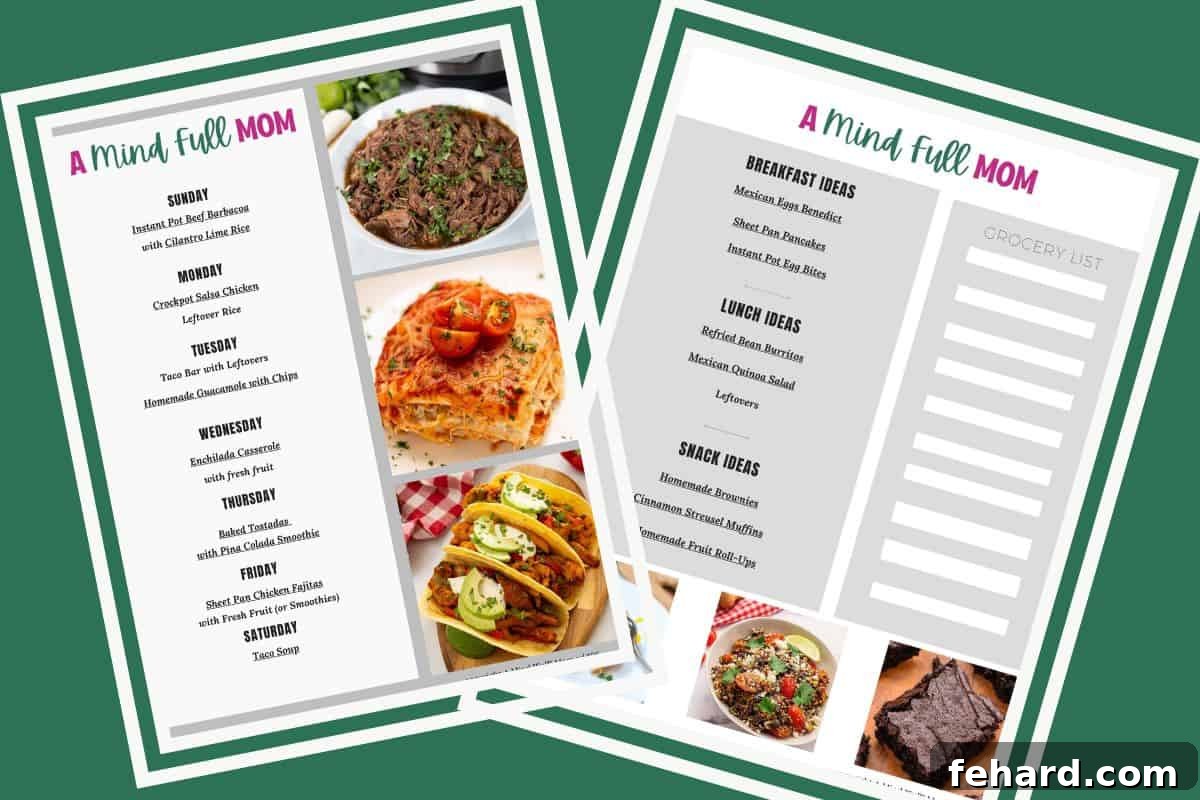 A two-page printable meal plan and shopping list for a week of Tex-Mex family dinners.