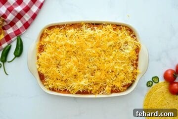 The casserole fully assembled and topped with a final layer of sauce and cheese before going into the oven.