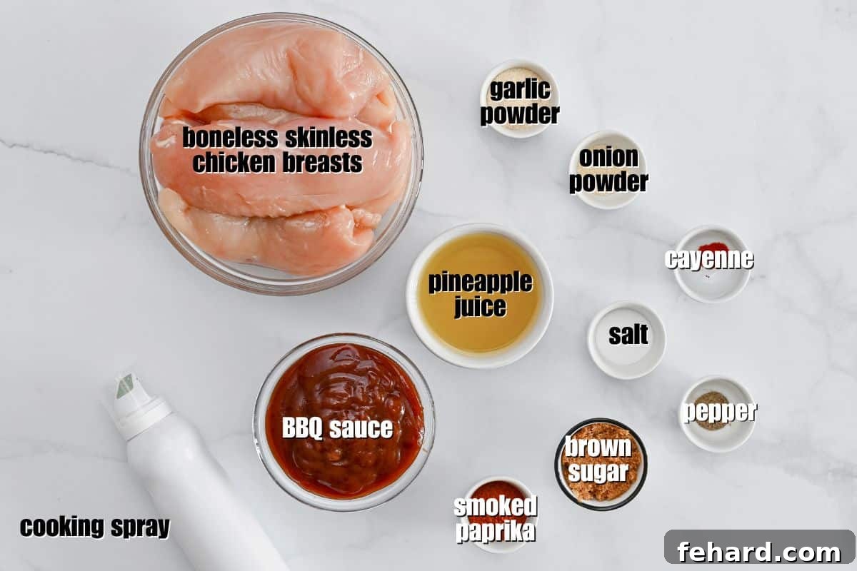 Slow Cooker BBQ Pulled Chicken Recipe Boneless skinless breasts, BBQ Sauce, and ingredients for dry rub for BBQ chicken labeled on counter.