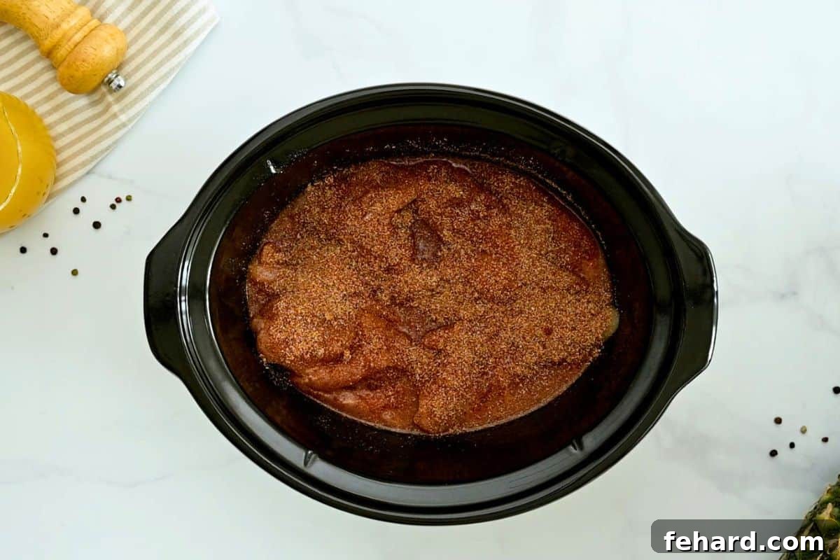 Slow Cooker Shredded BBQ Chicken Chicken breasts, pineapple juice, and dry rub seasoning layered in crockpot for pulled chicken recipe.