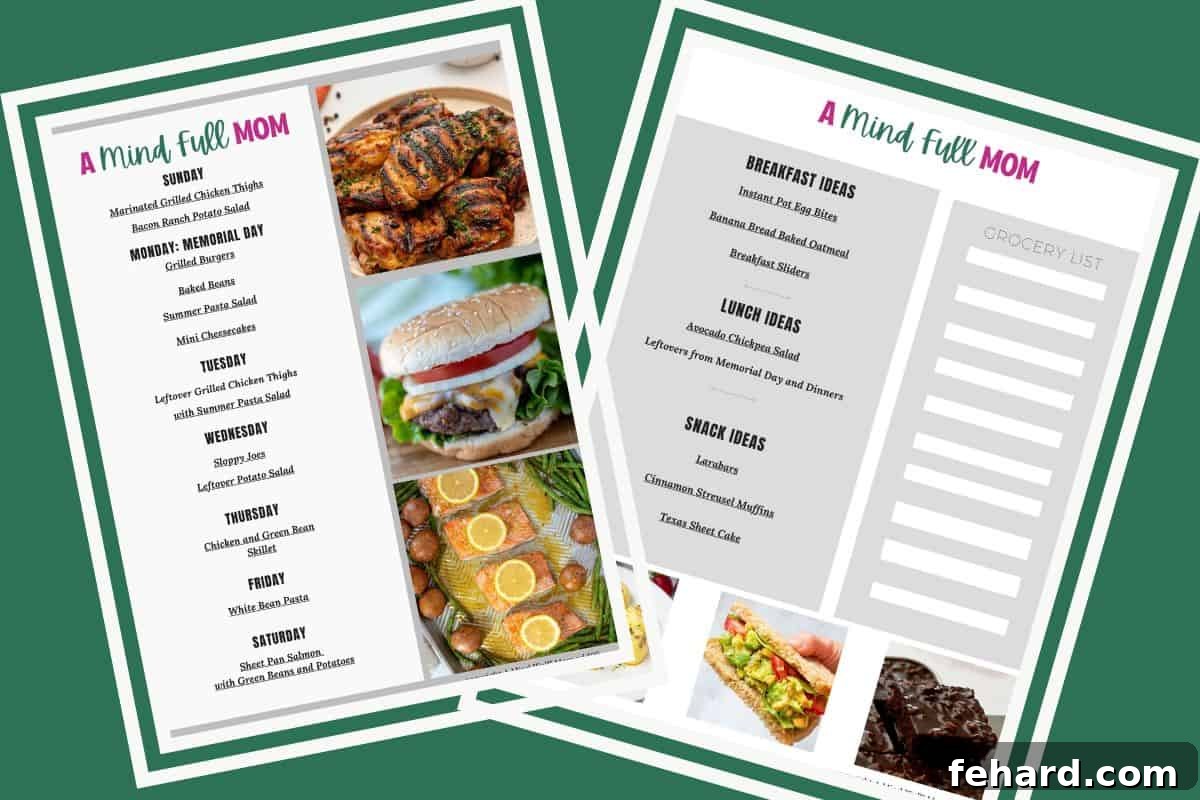 Meal Plan For Memorial Day Collage of two pages of a 7-day meal plan showing breakfast, lunch, and dinner ideas for busy families.