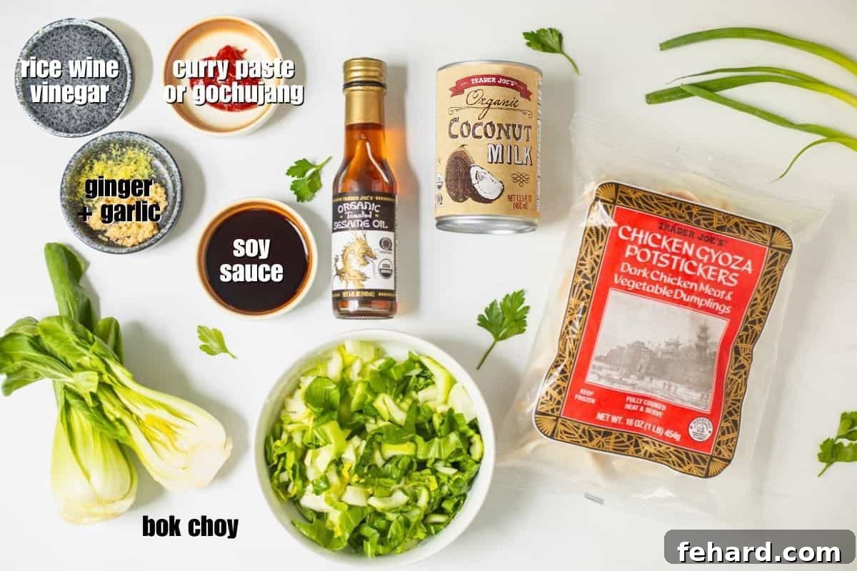 Ingredients for viral dumpling bake made with Trader Joe's frozen potstickers, bok choy, soy sauce, garlic, ginger and coconut milk on counter.