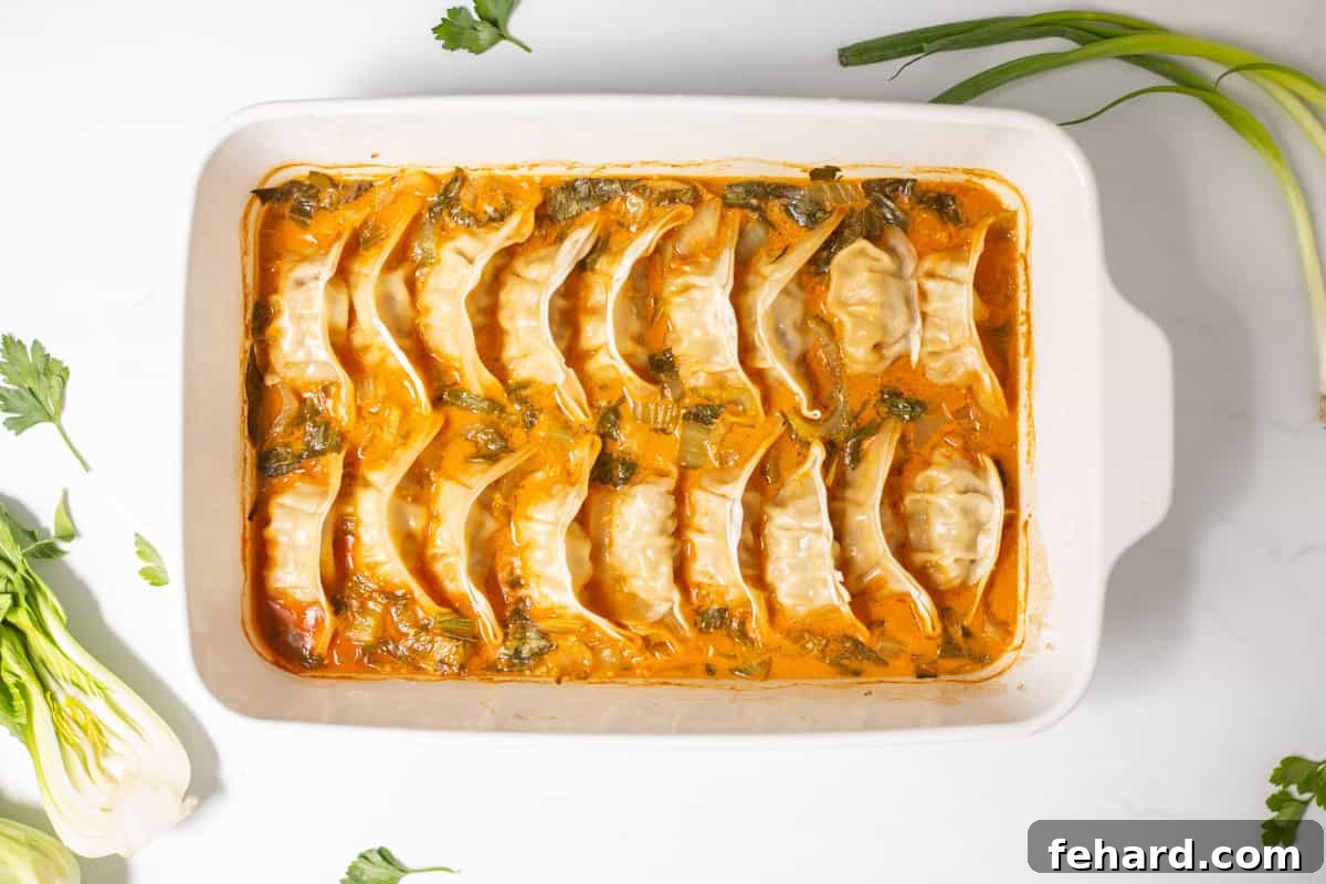 Baked dumplings in rich coconut broth with sliced baby bok choy.
