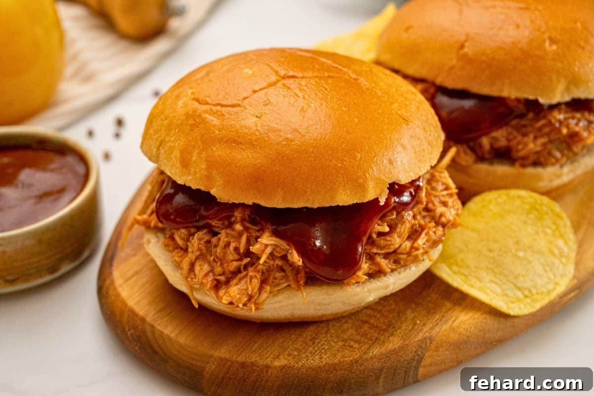 Crockpot BBQ Chicken piled on toasted bun served next to potato chips.