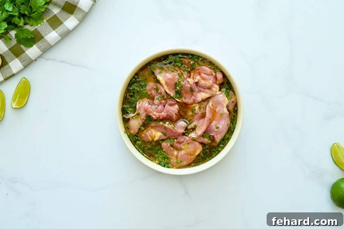 Chicken thighs in shallow bowl with honey, olive oil, garlic, cilantro, and lime zest and lime juice marinade.