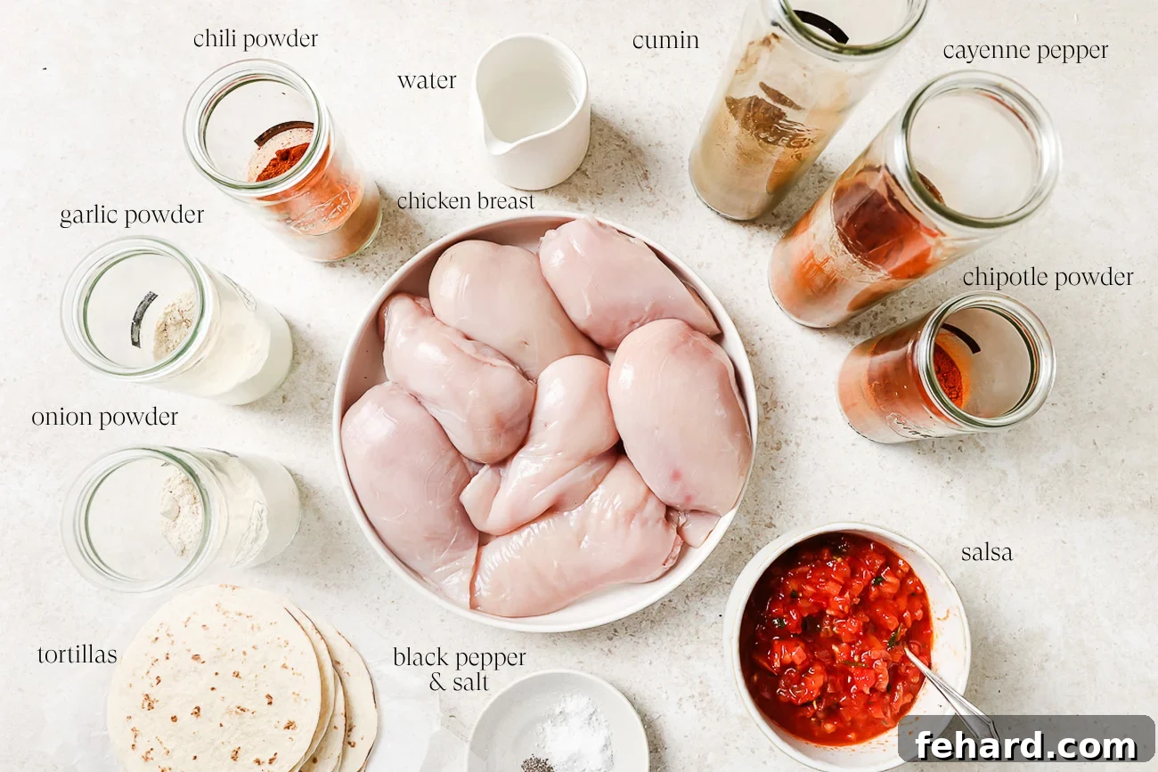 Slow Cooker Shredded Chicken Tacos with Flavorful Salsa 3 A bowl of raw chicken breasts surrounded by labeled jars of spices, a cup of water, salsa, tortillas, salt, and black pepper—perfect ingredients for making flavorful Slow Cooker Chicken Tacos.