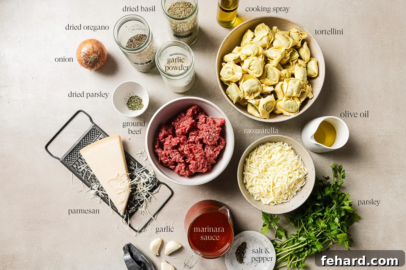 Cheesy Baked Tortellini with Savory Ground Beef Casserole 3 Ingredients for Baked Tortellini with Ground Beef are arranged on a counter, including tortellini, ground beef, mozzarella, Parmesan, marinara sauce, fresh and dried herbs, onion, garlic, spices, olive oil, and cooking spray.