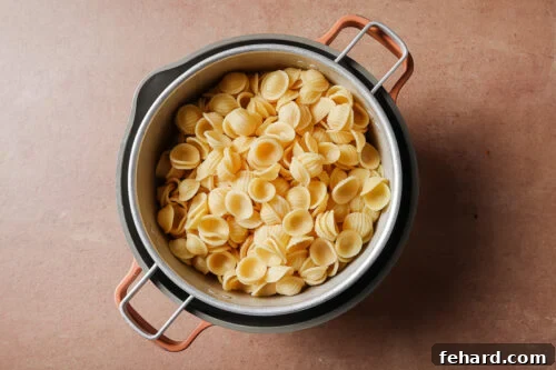 A pot filled with cooked orecchiette pasta sits on a brown countertop, viewed from above.