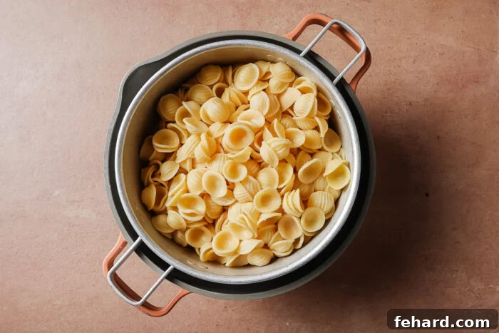 A pot filled with cooked orecchiette pasta sits on a brown countertop, viewed from above.