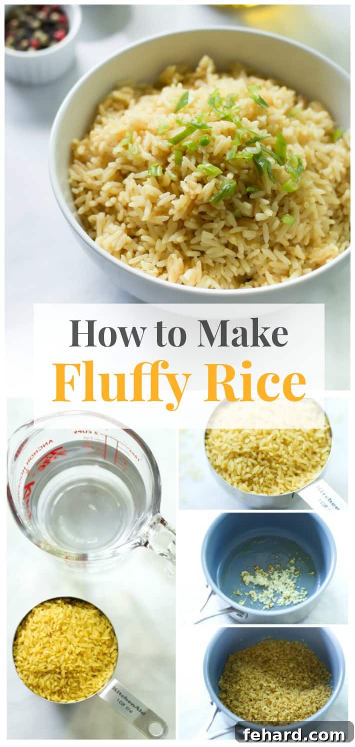 A tall infographic pin showing the steps to make perfect fluffy rice.