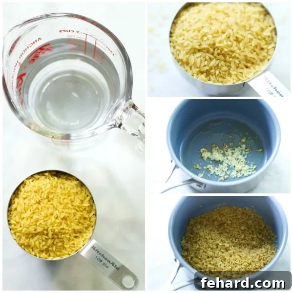 Step-by-step instructional photos showing how to make fluffy rice in a saucepan.