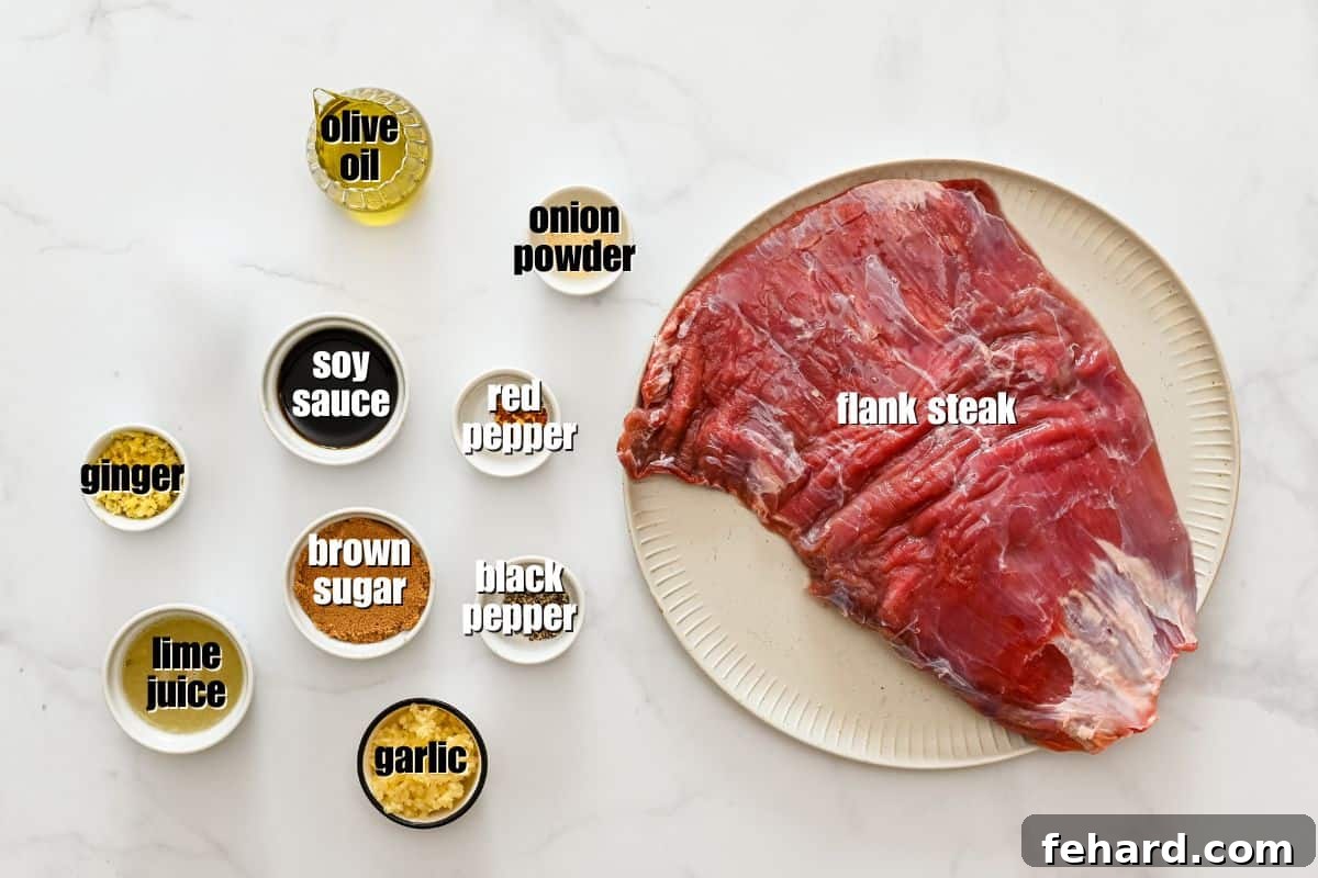 Flank steak, olive oil, lime juice, brown sugar, soy sauce, garlic, ginger, and seasonings labeled on counter.