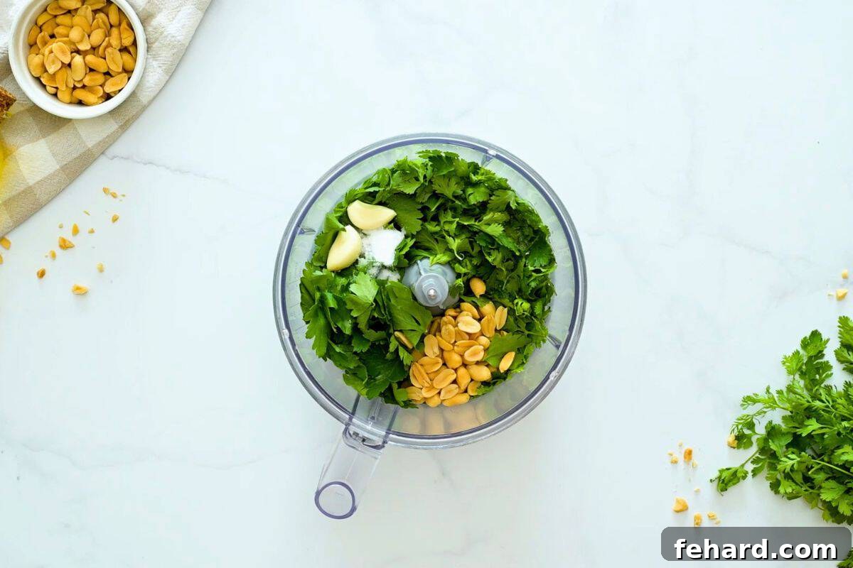 Easy Cilantro Pesto Cilantro, parsley, peanuts, garlic cloves and salt in base of food processor.