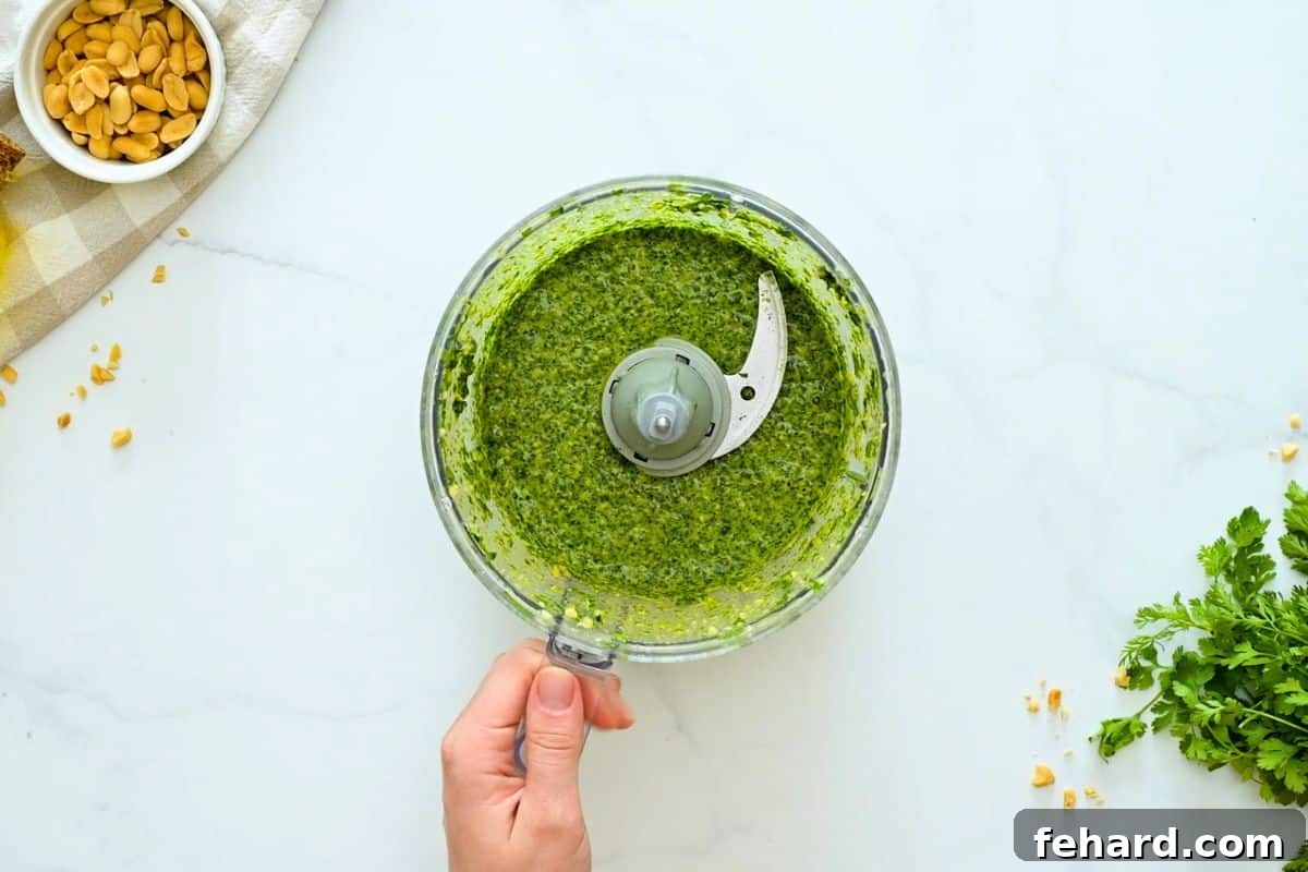 Chicken Kabobs with Cilantro Pesto Recipe Processed cilantro pesto in food processor.