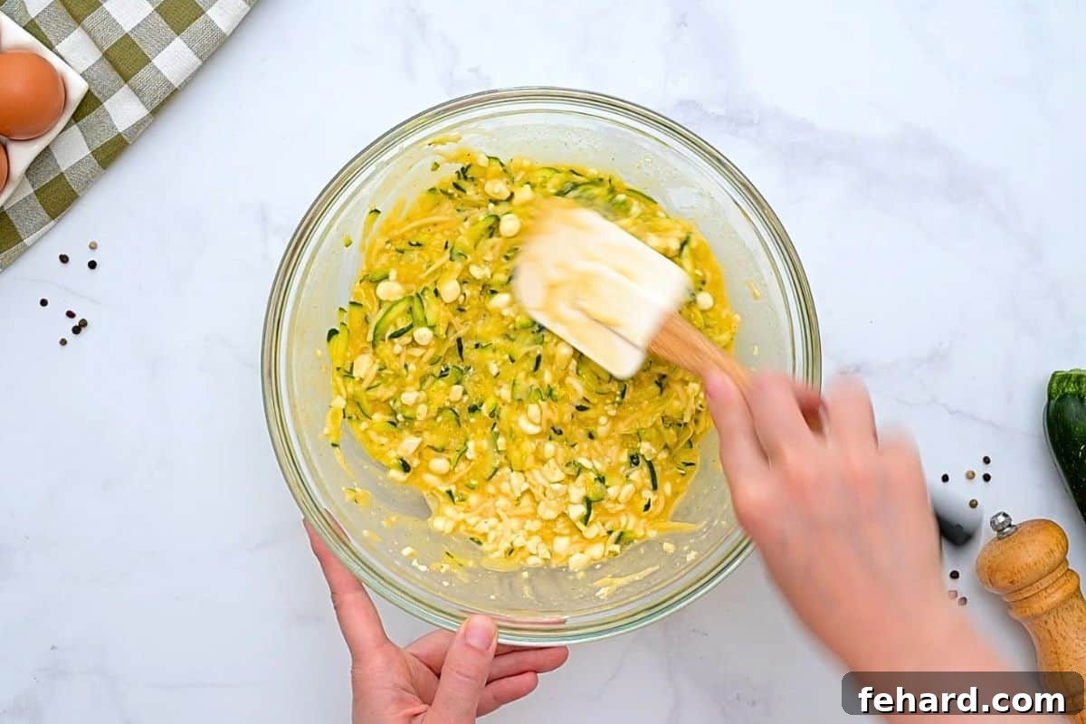 Savory Zucchini Pie with Eggs Spatula folding grated zucchini and onion into egg and cottage cheese mixture.