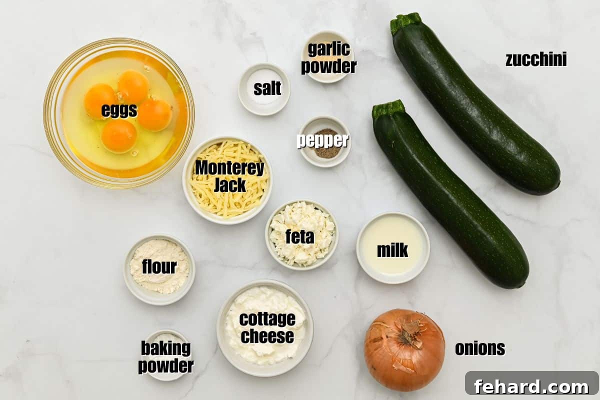 Savory Zucchini Pie Recipe Zucchini, yellow onion, cottage cheese, feta, Monterey Jack cheese, milk, eggs, seasonings, and baking mix labeled on counter.