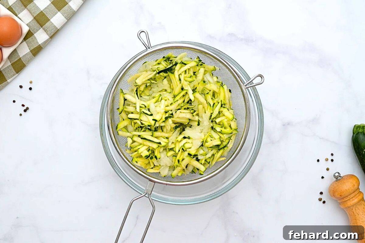 Shredded Zucchini Pie Salted shredded zucchini and grated onion in a fine-mesh strainer over large mixing bowl.