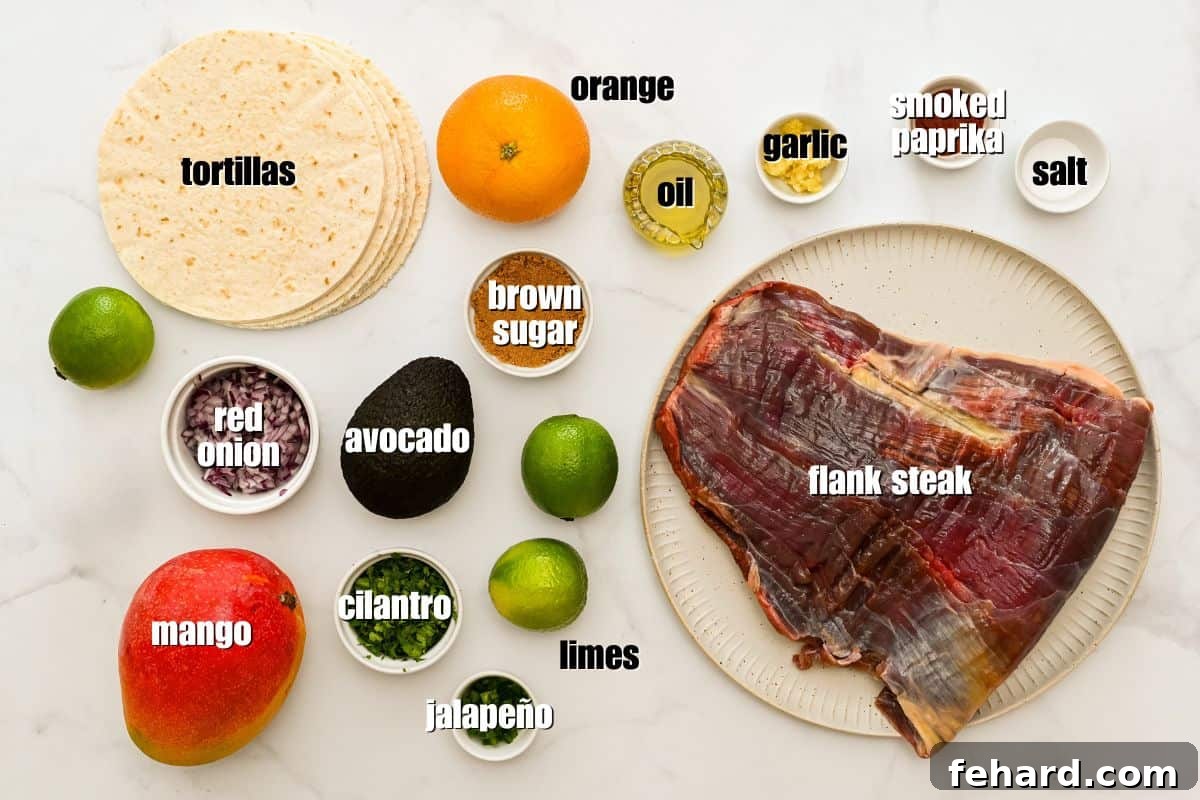 Flank steak with ingredients for citrus garlic marinade and mango avocado salsa on counter with text overlays.