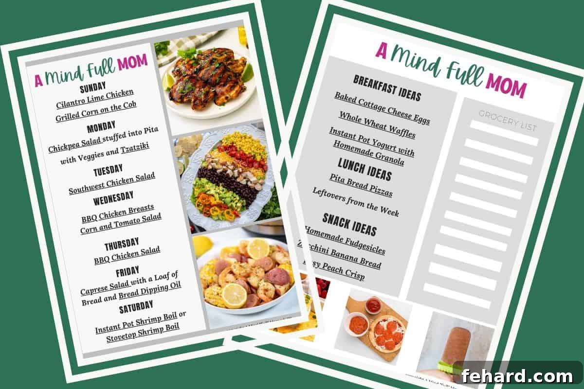 Meal Plan 119: 7-Day Family Menu with Recipes 2 Collage of two pages of a 7-day meal plan showing breakfast, lunch, and dinner ideas for busy families.