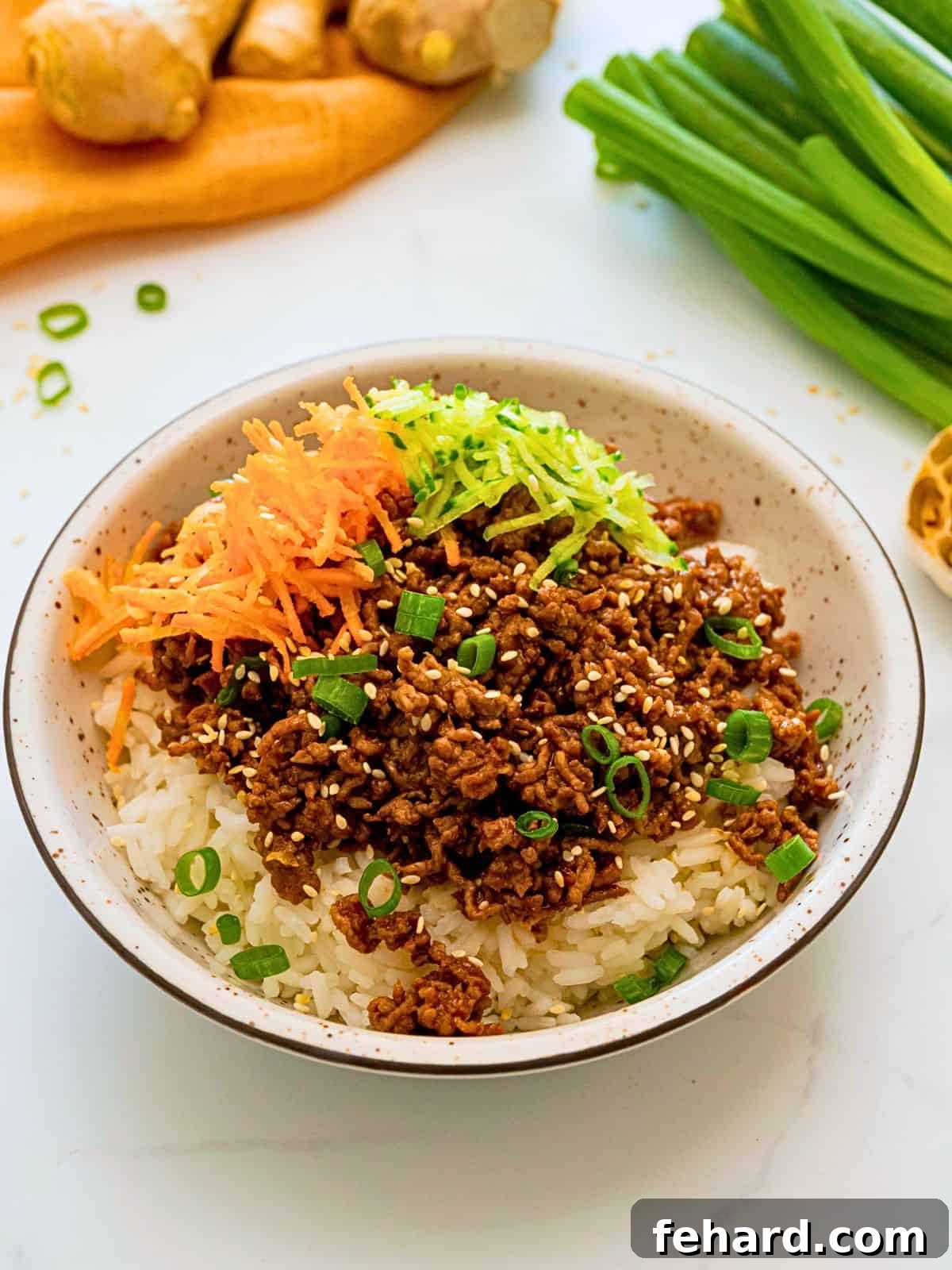 Korean Ground Beef Recipe Korean flavored ground beef served over fluffy white rice and topped with grated carrots and cucumbers and sliced green onions.