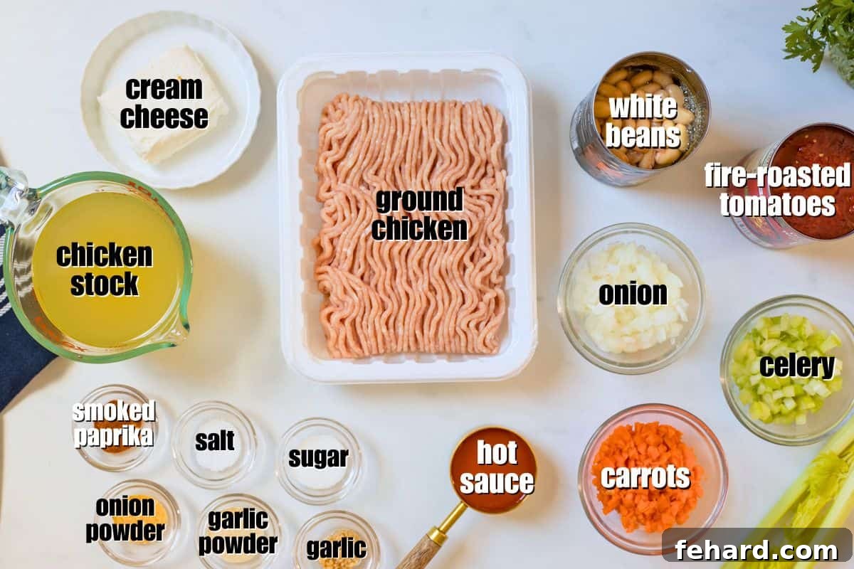 Ground chicken, spices, white beans, broth, creamy cheese, hot sauce, carrots, celey, onions, and seasonings labeled on counter.