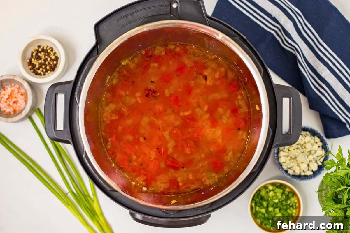 Pressure cooked chicken chili with fire roasted tomatoes, white beans, and hot sauce.