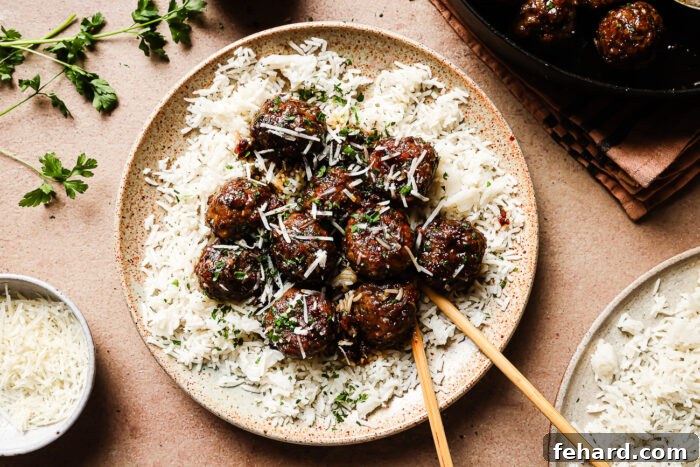 overhead view of honey garlic meatballs on a plate
